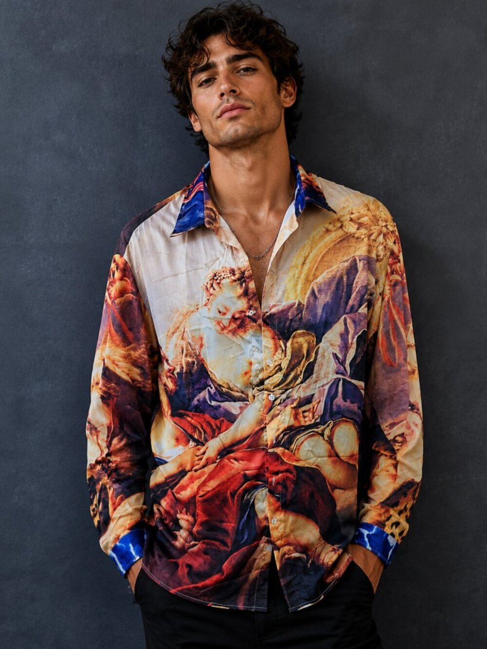 Rococo Francois Boucher Satin Shirt Button Up Fine Art  Mythology Size Large